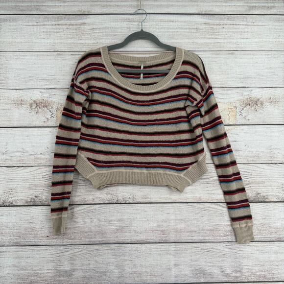 Free People Striped Crop Stretch Wool Blend Sweater Womens Small Tan Red Blue - Picture 1 of 6